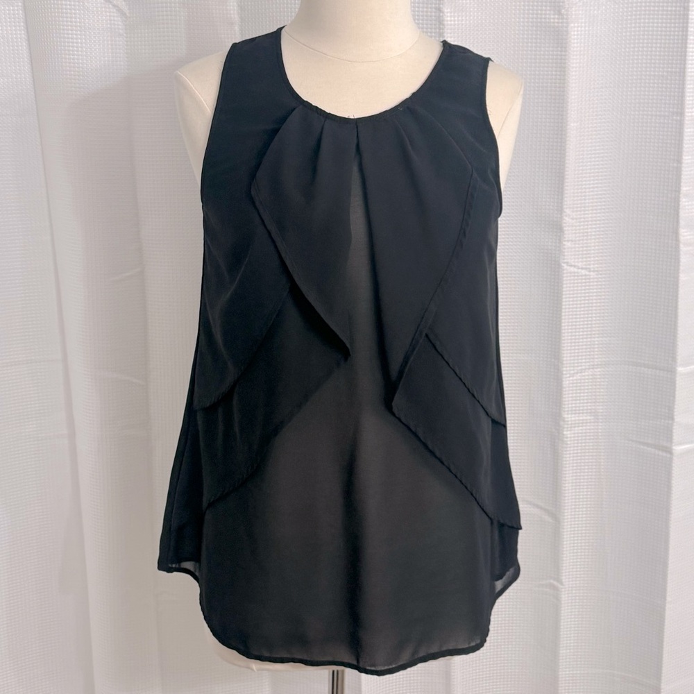 YA Los Angeles Sheer Sleeveless Flowy Layered Ruffle Detail Top, Black, Size M